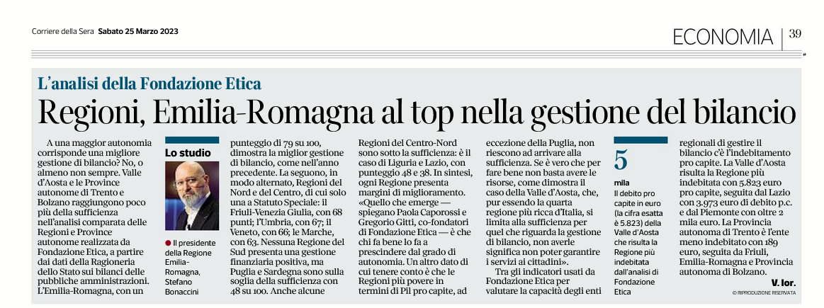 Our data on regional budget published by Corriere della Sera